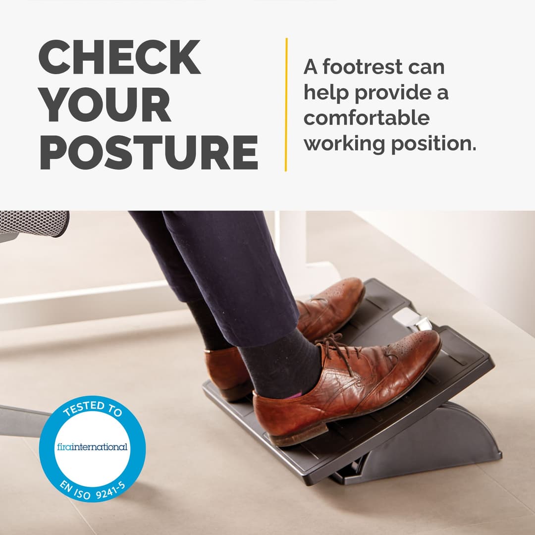 Fellowes Office Suites Microban Adjustable Under Desk Foot Rest - Ergonomic Footrest with 3 Height Positions (10.8/12.7/14.6cm), Rocking Tilt Platform & Microban Antibacterial Protection - Black - 8035001 - Image 2