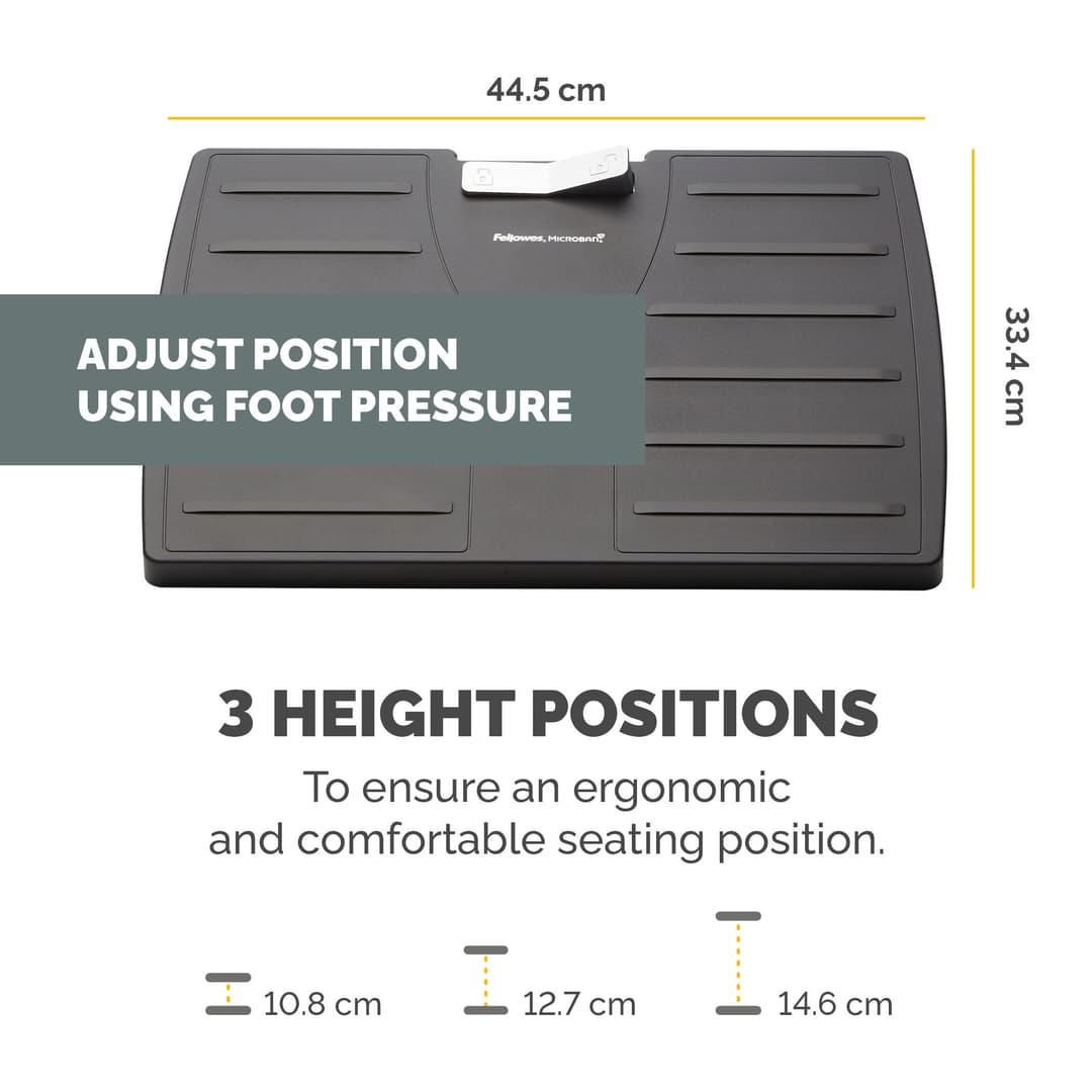 Fellowes Office Suites Microban Adjustable Under Desk Foot Rest - Ergonomic Footrest with 3 Height Positions (10.8/12.7/14.6cm), Rocking Tilt Platform & Microban Antibacterial Protection - Black - 8035001 - Image 3