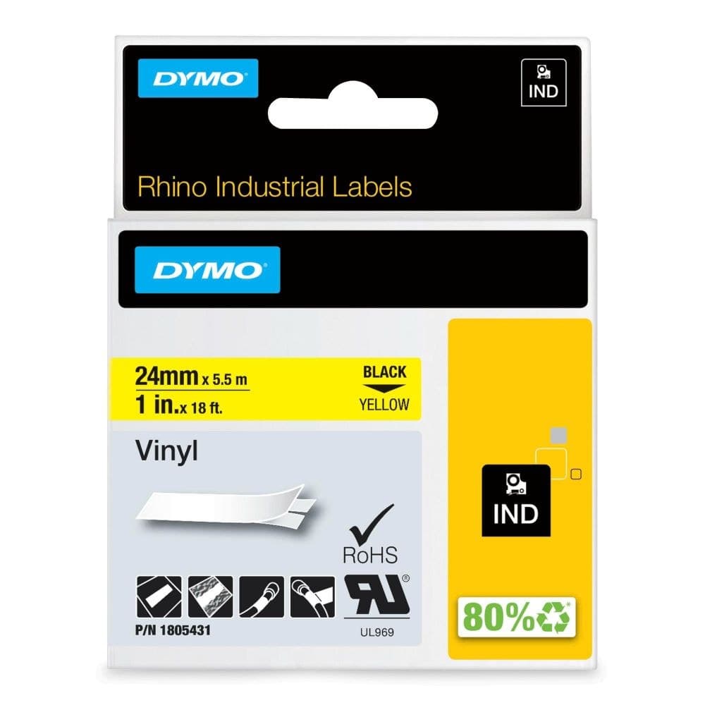 Dymo Rhino 1805431 Industrial Vinyl Label Tape 24mm x 5.5m Black on Yellow - Image 1