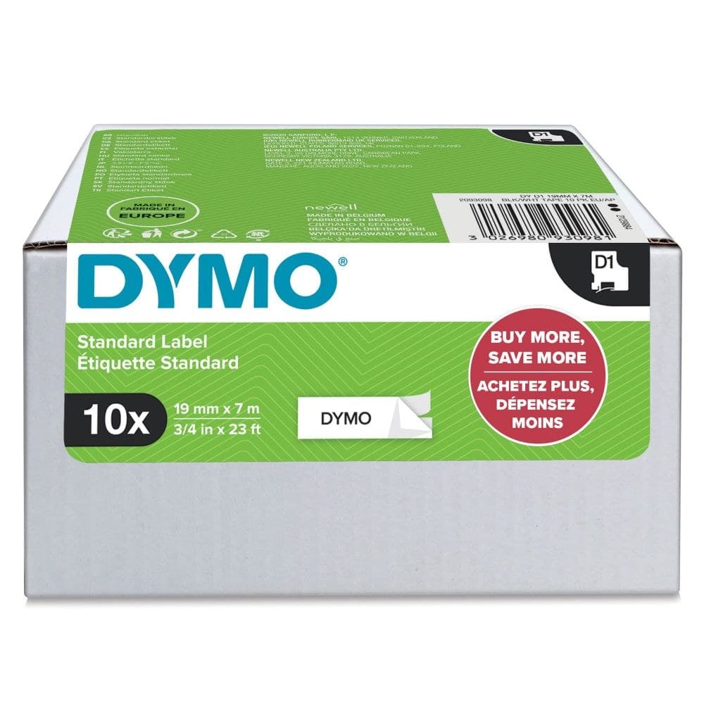 Dymo 45803 D1 19mm x 7m Black on White Tape 10 Pack - Image 1