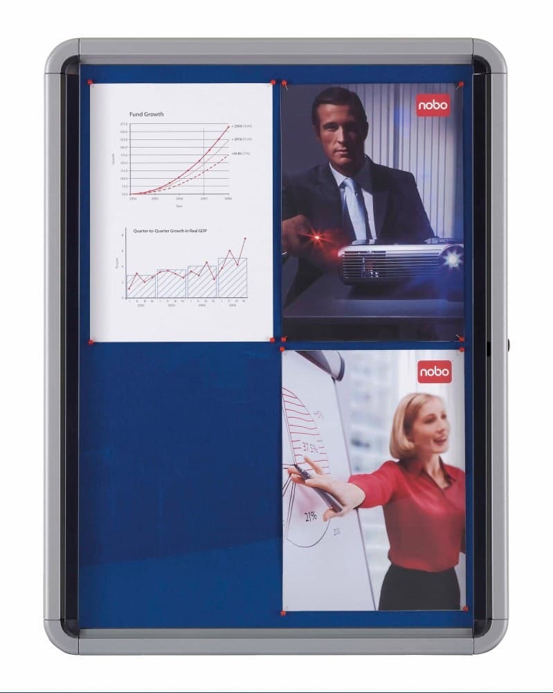 Nobo Premium Plus Internal Glazed Case Lockable Notice Board 9xA4 Blue Felt 709x970mm - Image 1
