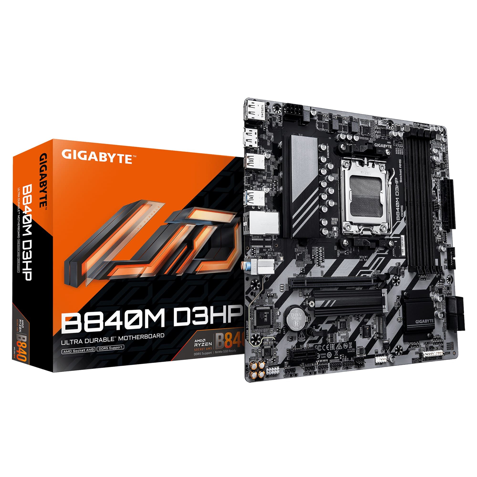 GIGABYTE B840M D3HP AMD B840 Socket AM5 Micro-ATX Motherboard - AMD Ryzen 9000 CPUs, 8+2+2 Phases VRM, up to 8200MHz DDR5(O.C), 2xPCIe 4.0 M.2, 1GbE LAN, USB 3.2 Gen 2