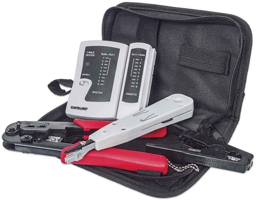 Intellinet 4-Piece Network Tool Kit (ITK-4P) - LAN Tester, LSA Punch Down Tool, Crimping Tool & Cutter/Stripper Tool with Storage Bag - Image 1