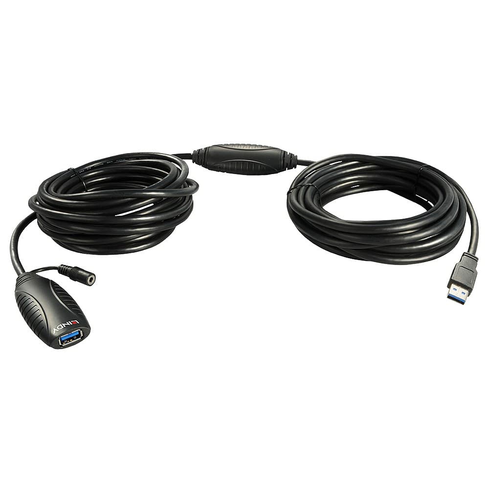Lindy USB 3.0 Active Extension Cable, USB-A Male to Female, 5Gbps, Black - 15m - Image 1
