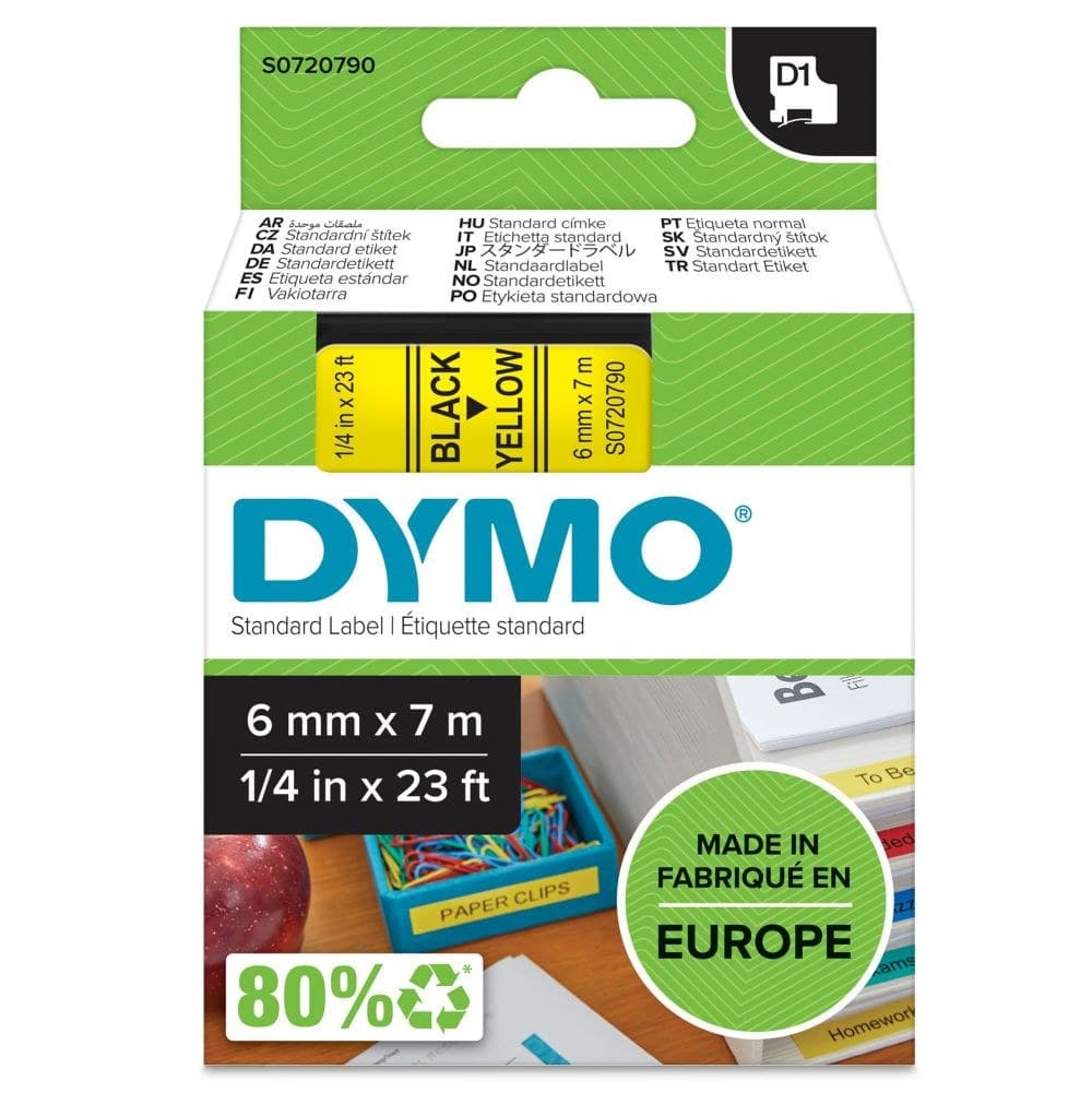 Dymo 43618 D1 6mm x 7m Black on Yellow Tape - S0720790 - Image 1