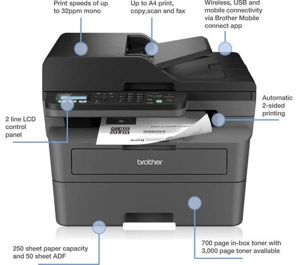 Brother MFC-L2800DW A4 Mono Laser All-in-One Wireless Printer with Fax - Image 3
