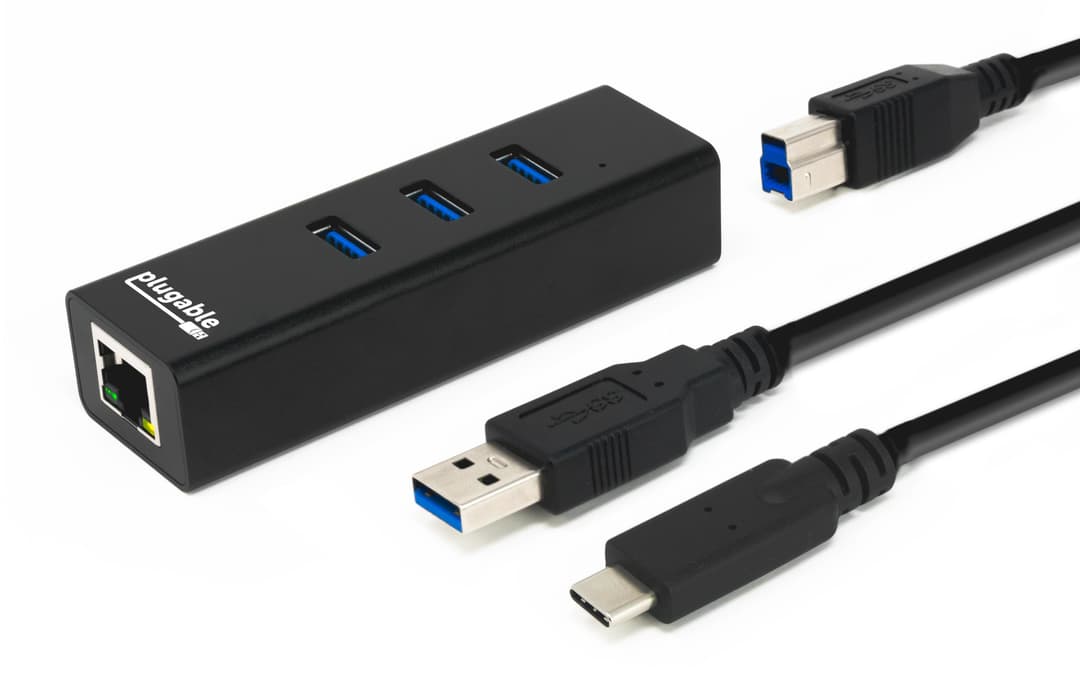 Plugable Technologies USB Hub with Ethernet, 3 port USB 3.0 Bus Powered Hub with Gigabit Ethernet Compatible with Windows, MacBook, Linux, Chrome OS, Includes USB C and USB 3.0 Cables - Image 1