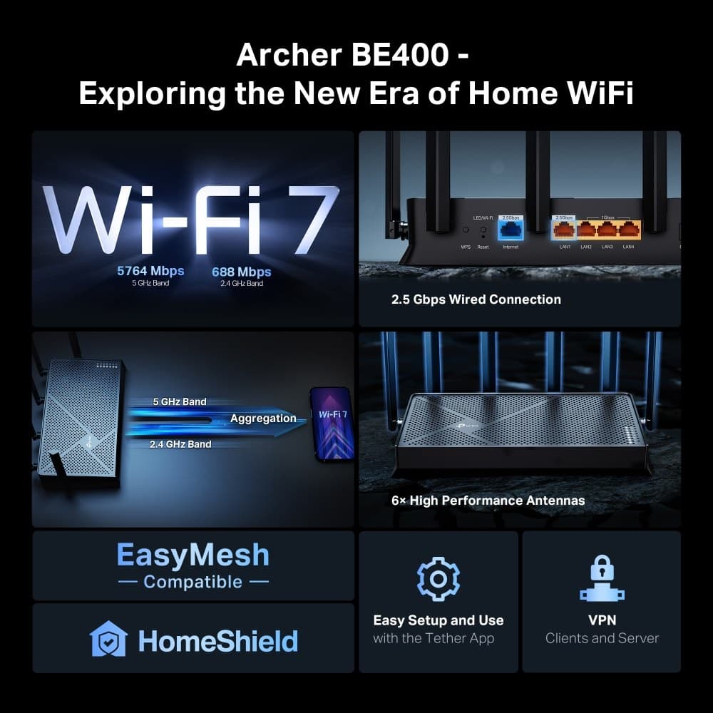 TP-Link Archer BE400 wireless router 2.5 Gigabit Ethernet Dual-band (2.4 GHz / 5 GHz) Black - Image 4