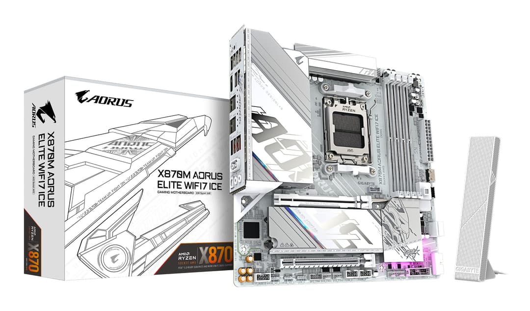 GIGABYTE X870M AORUS ELITE WIFI7 ICE Motherboard - Supports AMD Ryzen 9000 CPUs, 14+2+2 Phases Digital VRM, up to 8200Hz DDR5 (O.C), 1xPCIe 5.0 + 1xPCIe 4.0, Wi-Fi 7, 2.5 GbE LAN, USB 4, Socket AM5, Micro ATX - Image 1
