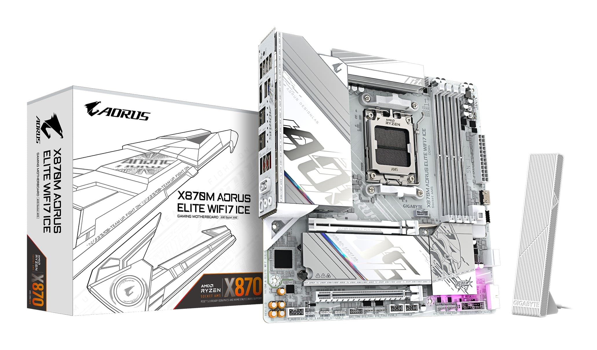 GIGABYTE X870M AORUS ELITE WIFI7 ICE Motherboard - Supports AMD Ryzen 9000 CPUs, 14+2+2 Phases Digital VRM, up to 8200Hz DDR5 (O.C), 1xPCIe 5.0 + 1xPCIe 4.0, Wi-Fi 7, 2.5 GbE LAN, USB 4, Socket AM5, Micro ATX