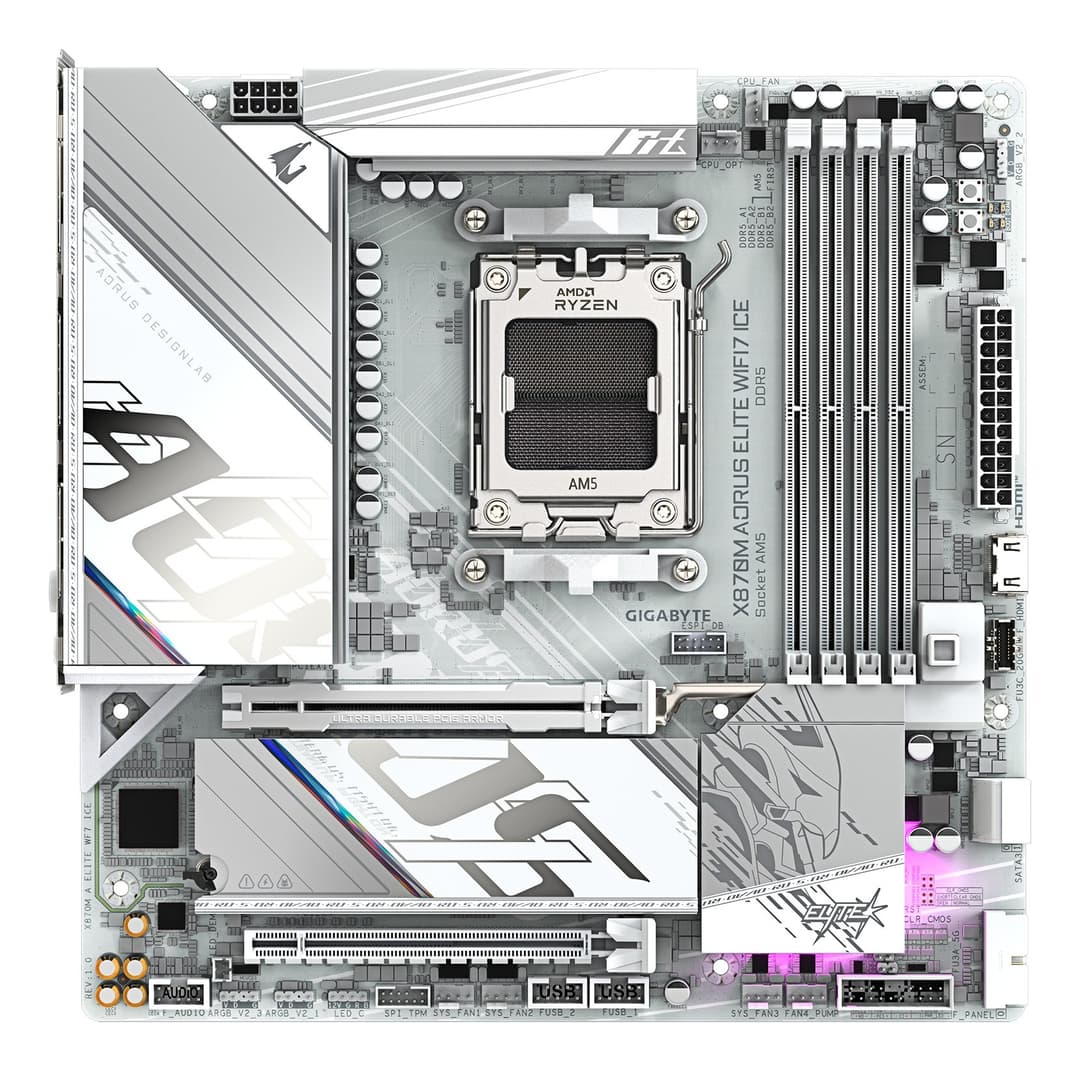 GIGABYTE X870M AORUS ELITE WIFI7 ICE Motherboard - Supports AMD Ryzen 9000 CPUs, 14+2+2 Phases Digital VRM, up to 8200Hz DDR5 (O.C), 1xPCIe 5.0 + 1xPCIe 4.0, Wi-Fi 7, 2.5 GbE LAN, USB 4, Socket AM5, Micro ATX - Image 2
