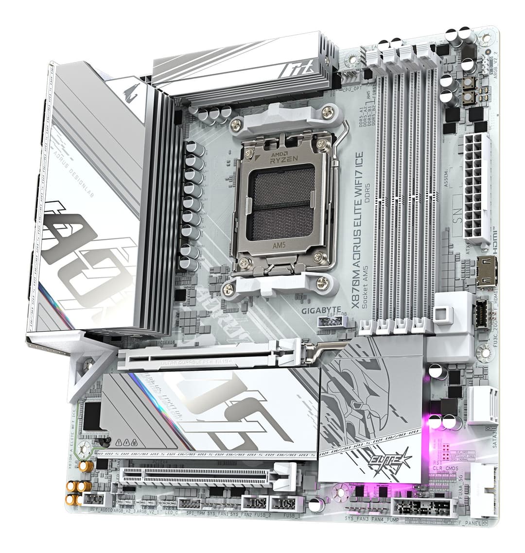 GIGABYTE X870M AORUS ELITE WIFI7 ICE Motherboard - Supports AMD Ryzen 9000 CPUs, 14+2+2 Phases Digital VRM, up to 8200Hz DDR5 (O.C), 1xPCIe 5.0 + 1xPCIe 4.0, Wi-Fi 7, 2.5 GbE LAN, USB 4, Socket AM5, Micro ATX - Image 3