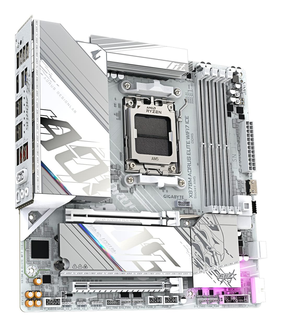 GIGABYTE X870M AORUS ELITE WIFI7 ICE Motherboard - Supports AMD Ryzen 9000 CPUs, 14+2+2 Phases Digital VRM, up to 8200Hz DDR5 (O.C), 1xPCIe 5.0 + 1xPCIe 4.0, Wi-Fi 7, 2.5 GbE LAN, USB 4, Socket AM5, Micro ATX - Image 4