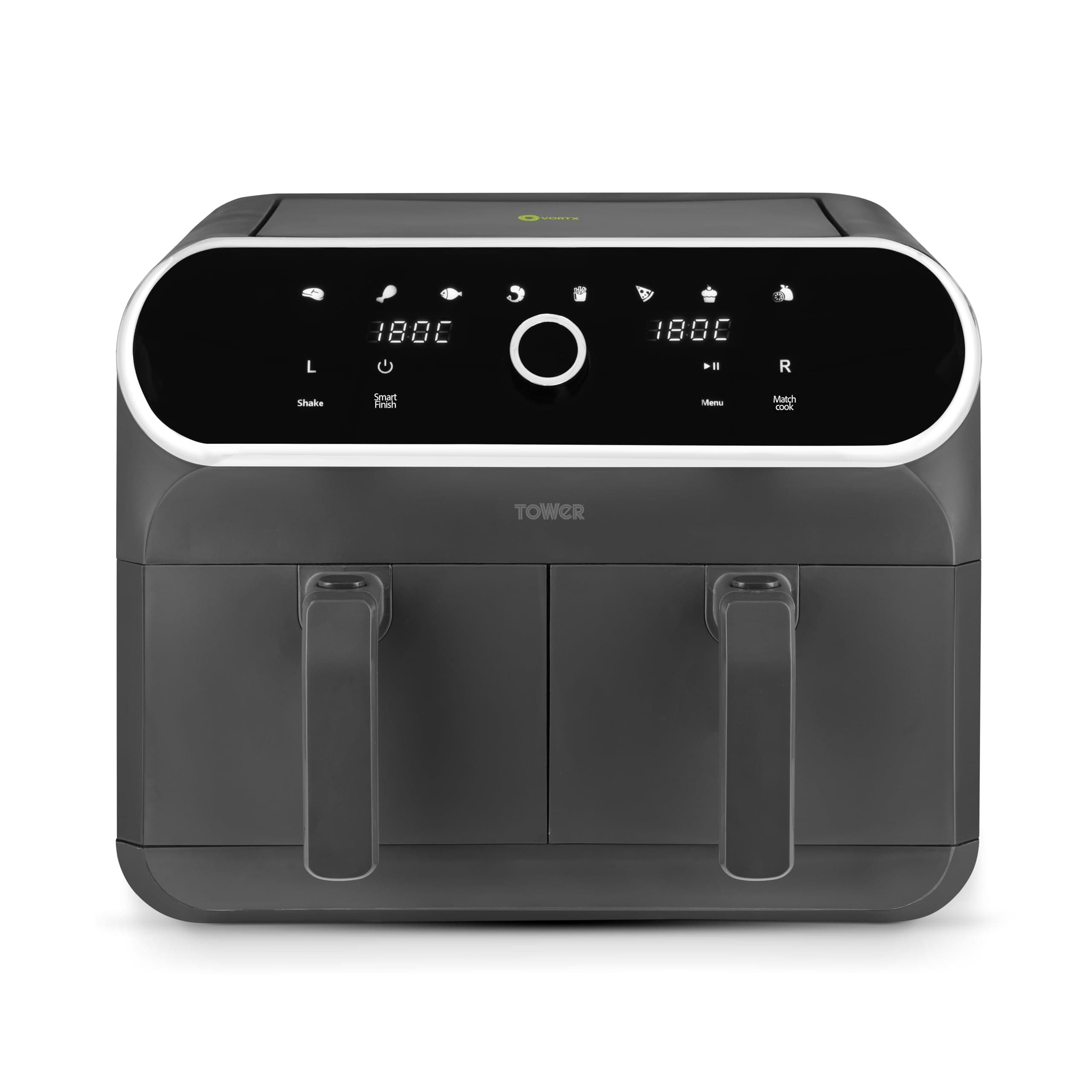 Tower Elite T17194 Dual Basket Air Fryer with Digital Control Panel, Match Cook & Smart Finish Functions, 8 Cooking Presets, Vortx Technology, 8L, 1700W - Graphite