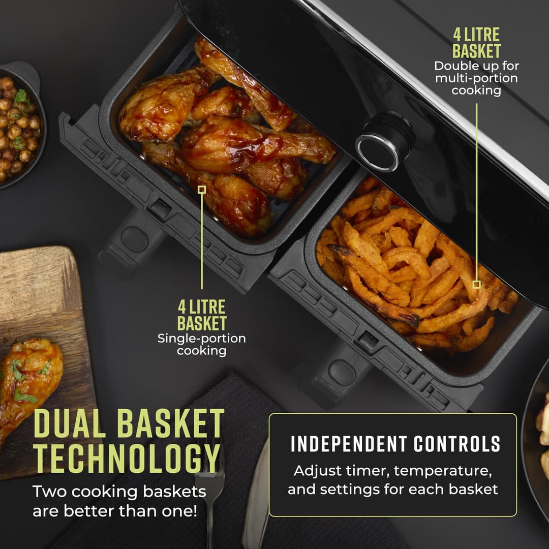 Tower Elite T17194 Dual Basket Air Fryer with Digital Control Panel, Match Cook & Smart Finish Functions, 8 Cooking Presets, Vortx Technology, 8L, 1700W - Graphite - Image 3