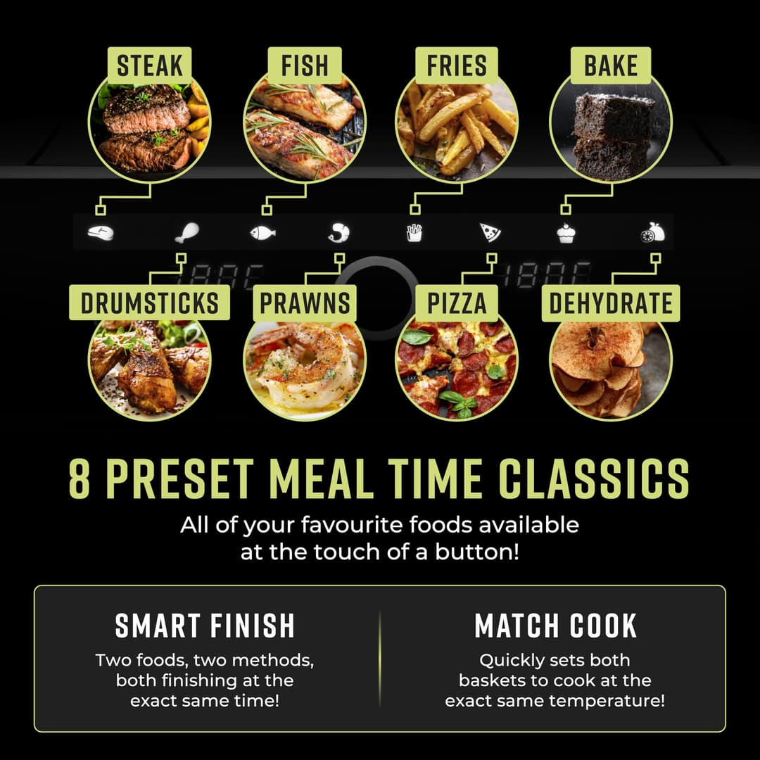 Tower Elite T17194 Dual Basket Air Fryer with Digital Control Panel, Match Cook & Smart Finish Functions, 8 Cooking Presets, Vortx Technology, 8L, 1700W - Graphite - Image 4