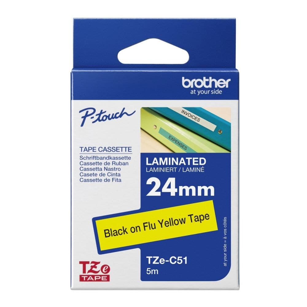 Brother TZEC51 Black on Yellow 5M x 24mm Fluorescent Tape - Image 1