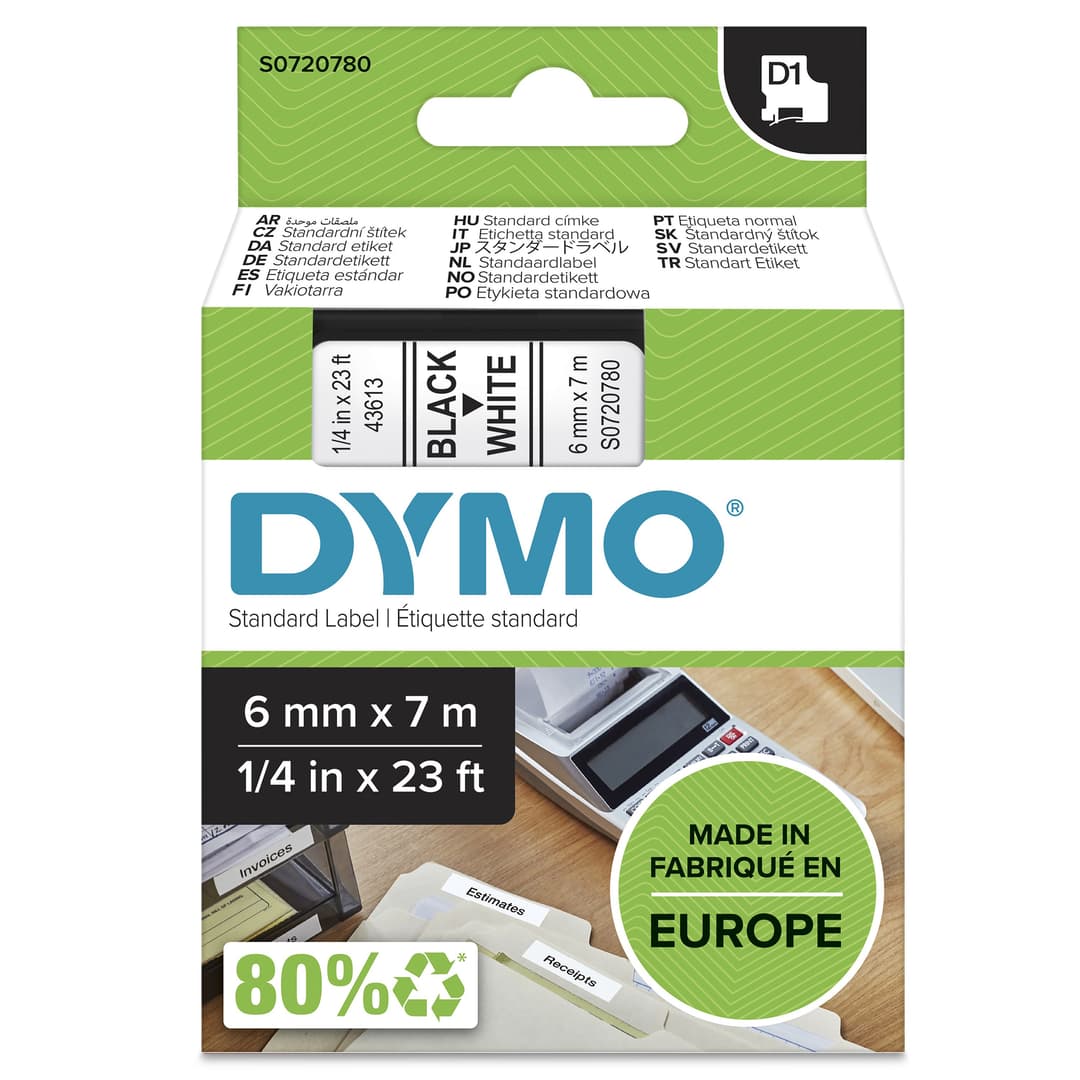 DYMO Authentic D1 Labels | Black Print on White Tape | 6 mm x 7 m | Self-Adhesive Labels for LabelManager Label Makers | Made in Europe - Image 1
