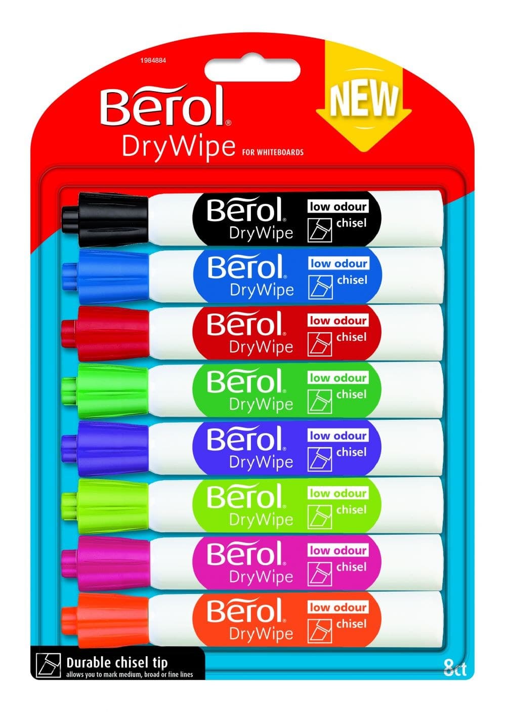 Berol Dry Wipe Whiteboard Marker Pens Assorted colours Chisel Tip Pack of 8 - Image 1