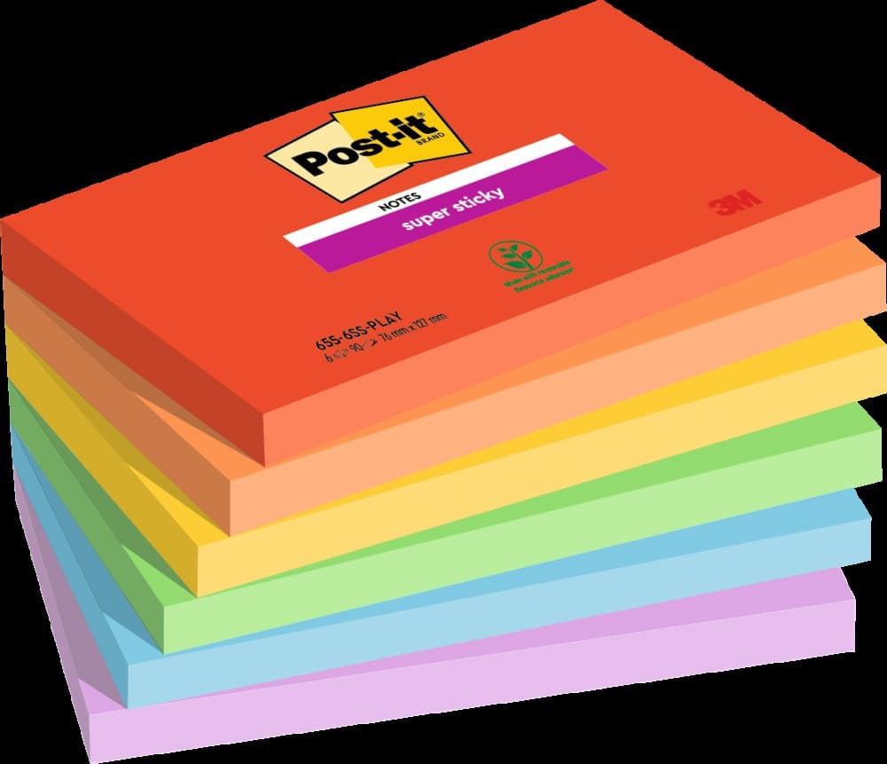 Post it Pack of 6 Super Sticky Notes Playful Colours 76x127mm 90 Sheet - Image 1