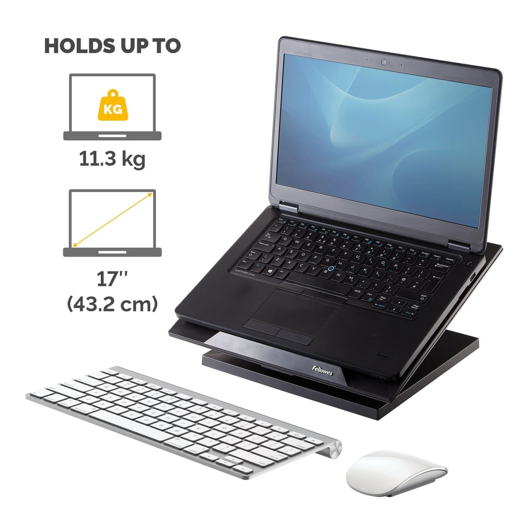 Fellowes Designer Suites Laptop Riser - Adjustable Laptop Stand with 4 Height Positions (88-184mm) and 0-30 Degree Angle Tilt - For Laptops Up To 17", Max Weight 11.3kg - Black - Image 3