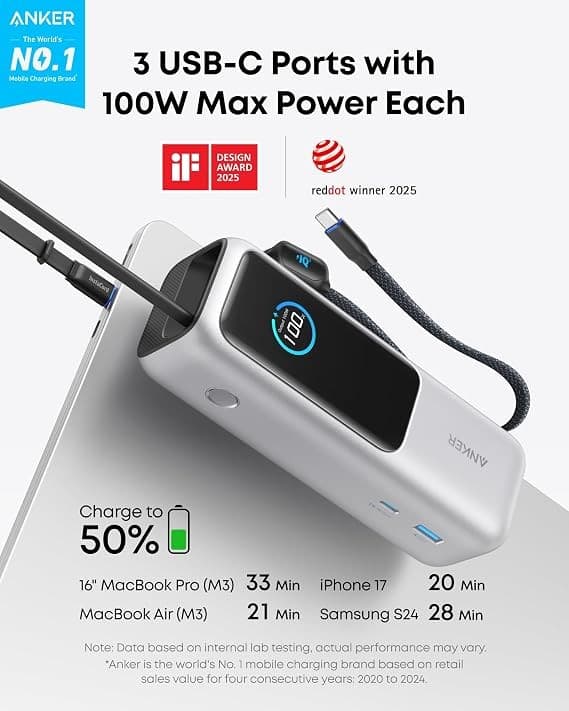 Anker 25000mAh 165W Power Bank with Built-In Retractable USB-C Cables - Silver - Image 2