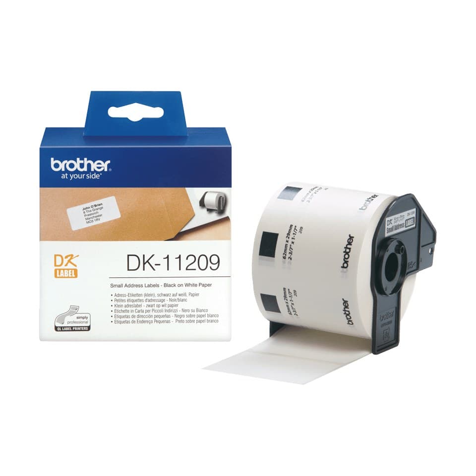 Brother DK-11209 Small Address Labels 29 x 62 mm - 800 Labels, Black on White - Image 1