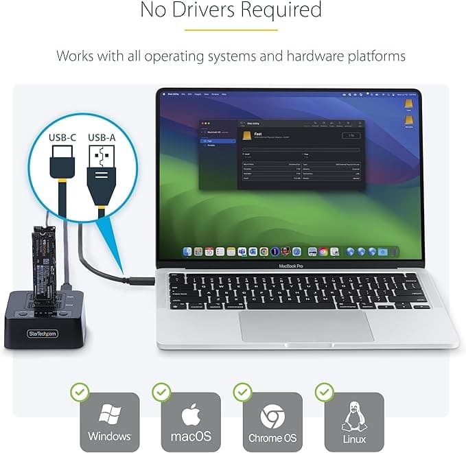 StarTech.com M2-HDD-DUPLICATOR-N1 1:1 M.2 NVMe SSD Duplicator Cloner Dock Dual Bay USB-C 3.2 20Gbps up to 90GBpm with USB-C/A Cables - Image 3