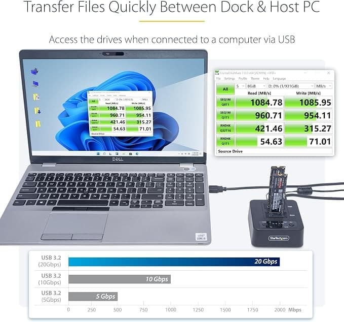 StarTech.com M2-HDD-DUPLICATOR-N1 1:1 M.2 NVMe SSD Duplicator Cloner Dock Dual Bay USB-C 3.2 20Gbps up to 90GBpm with USB-C/A Cables - Image 4