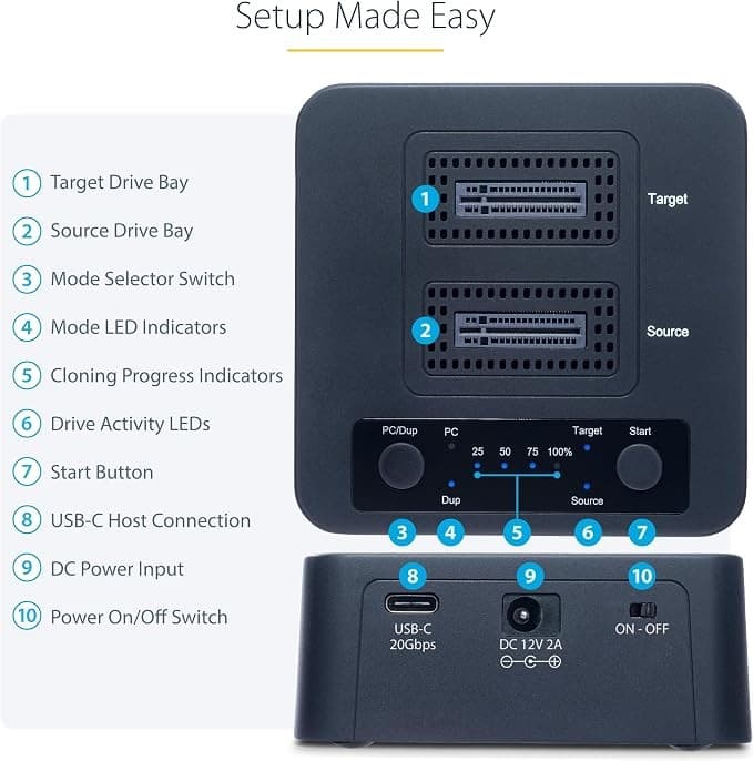 StarTech.com M2-HDD-DUPLICATOR-N1 1:1 M.2 NVMe SSD Duplicator Cloner Dock Dual Bay USB-C 3.2 20Gbps up to 90GBpm with USB-C/A Cables - Image 5