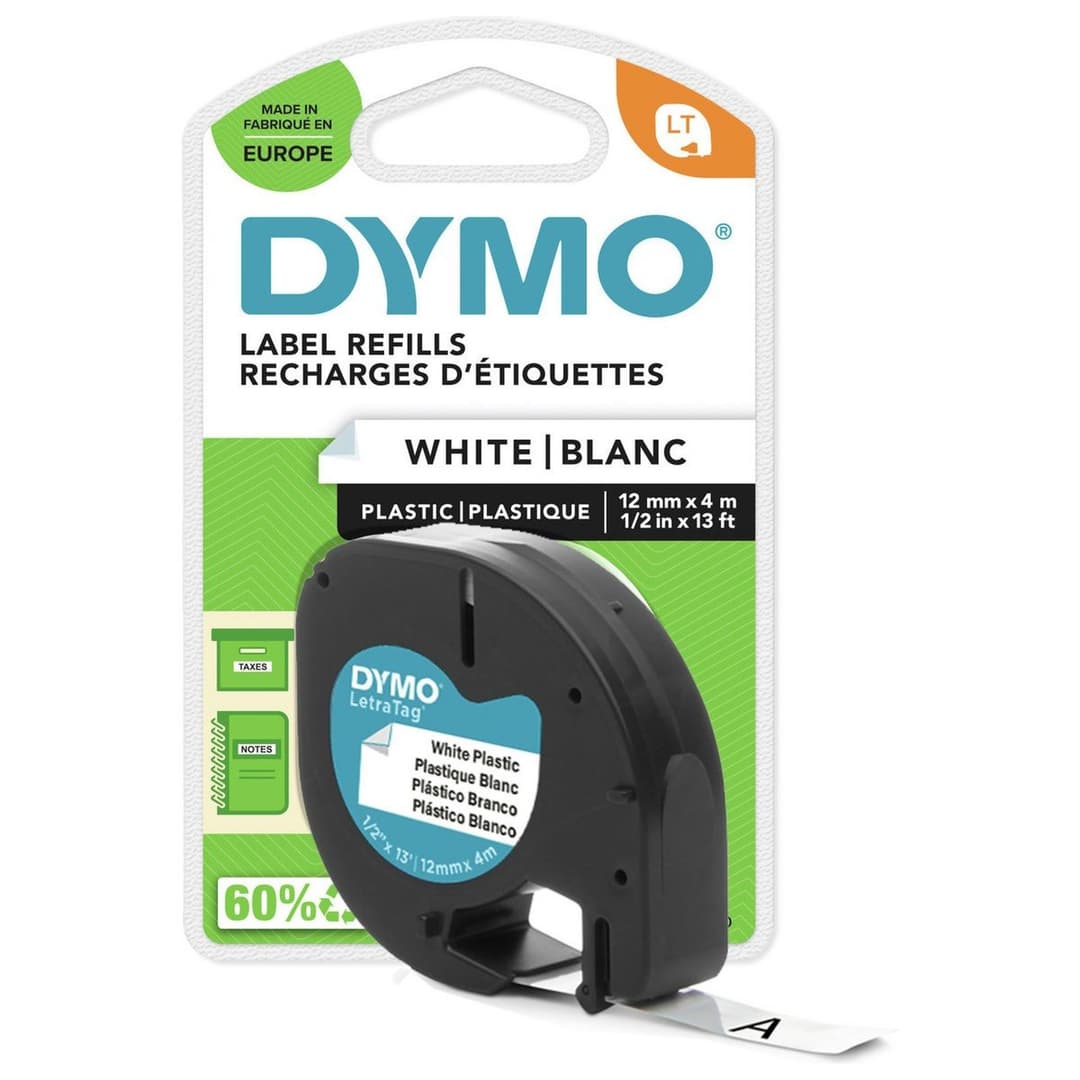 Dymo LetraTag Plastic Label Tape S0721660 (91221) - 12mm x 4m - Black on White - Image 1