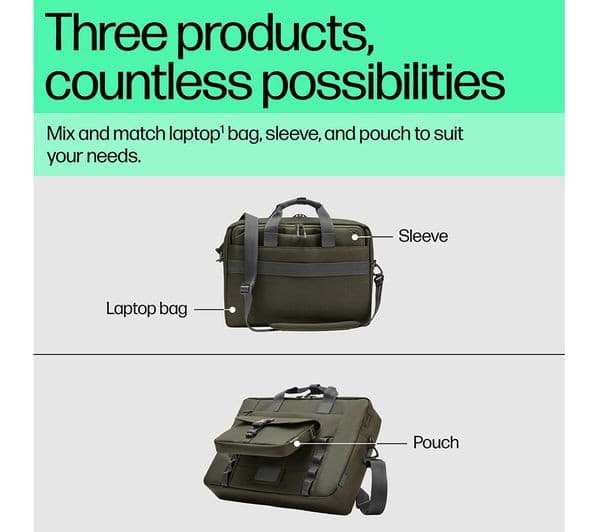 HP Modular 15.6" Laptop Bag with Sleeve & Pouch Grey & Green - Image 9