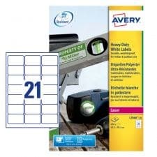 Avery L7060-20 Resistant Labels 63.5 x 38.1 mm White Laser A4 - 20 Sheets, 21 Labels per Sheet (420 Labels) - Image 1