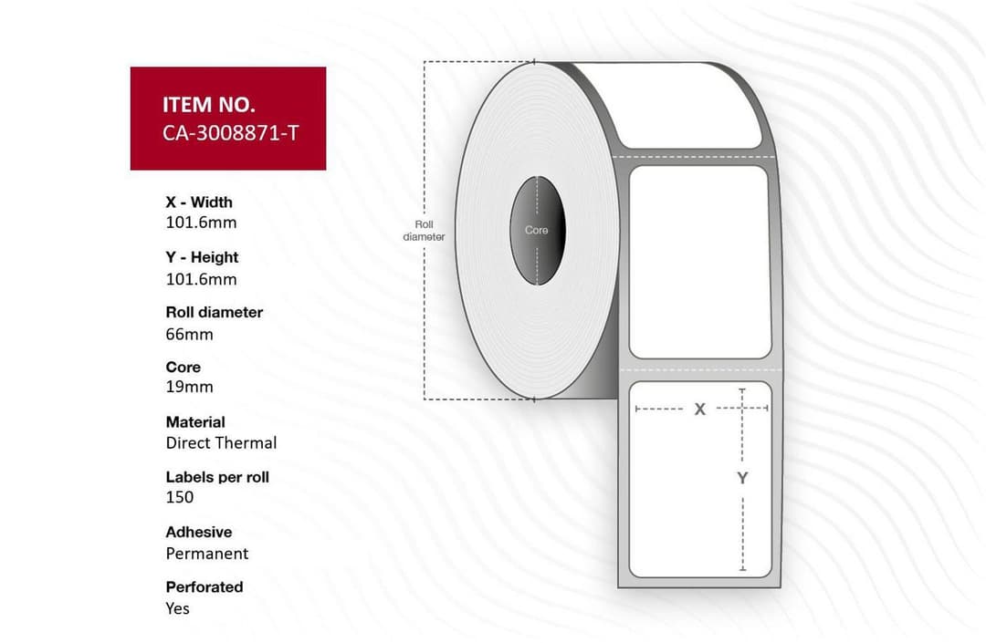 Capture CA-3008871-T Direct Thermal Labels 101.6 x 101.6mm, White, Uncoated, Permanent Adhesive, 19mm Core, Perforated, Black Mark, 150 Labels/Roll, 16 Rolls per Box - Image 1
