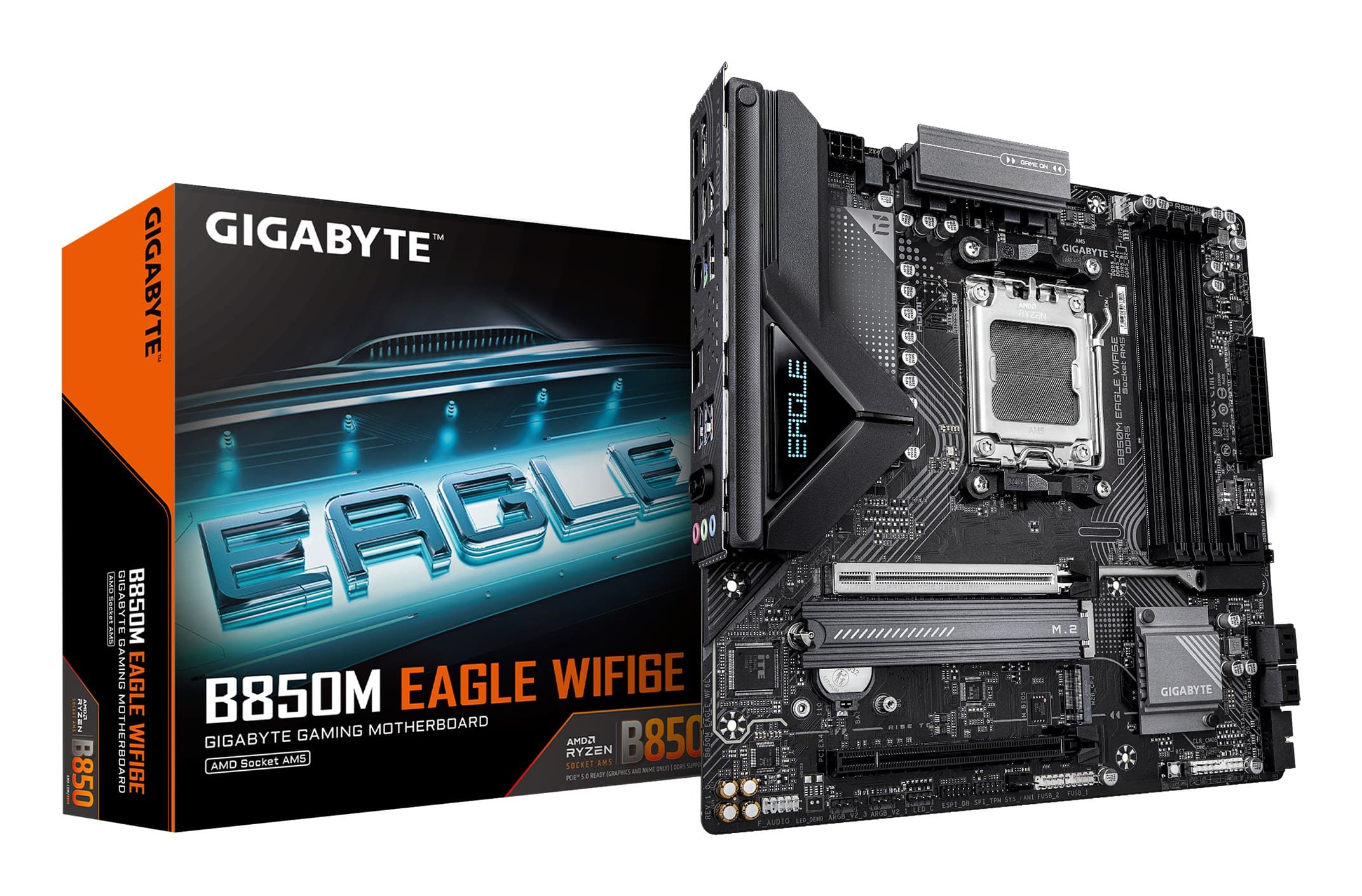 GIGABYTE B850M EAGLE WIFI6E Motherboard - AMD B850 Chipset, Socket AM5, micro ATX, AMD Ryzen 9000 Series CPUs, 8+2+2 Phases Digital VRM, up to 8200MHz DDR5 (OC), 1xPCIe 5.0 + 1xPCIe 4.0 M.2, WIFI 6E, 2.5 GbE LAN, USB 3.2 Gen 2