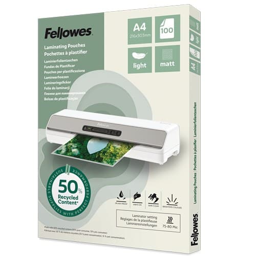 Fellowes 100143435 Recycled Laminating Pouches A4 Matt 80 Micron (2 x 80) - Pack of 100 - Image 1