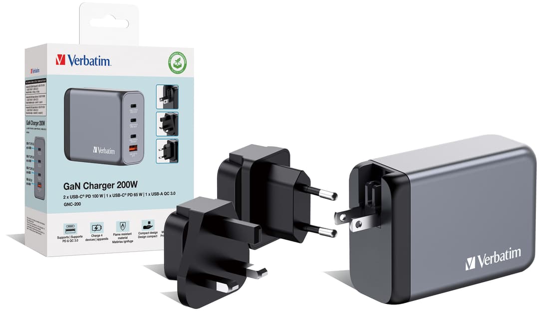 Verbatim GNC-200 GaN Charger 200W with 2 x USB-C PD 100W / 1 x USB-C PD 65W / 1 x USB QC 3.0 (EU/UK/US) - Image 4
