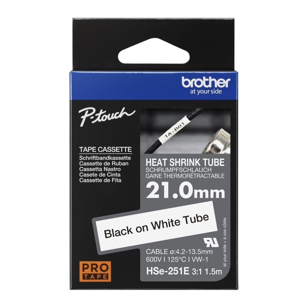 Brother HSE-251E 21mm x 1.5m Black on White Heat Shrink Tube Tape Cassette - Image 1