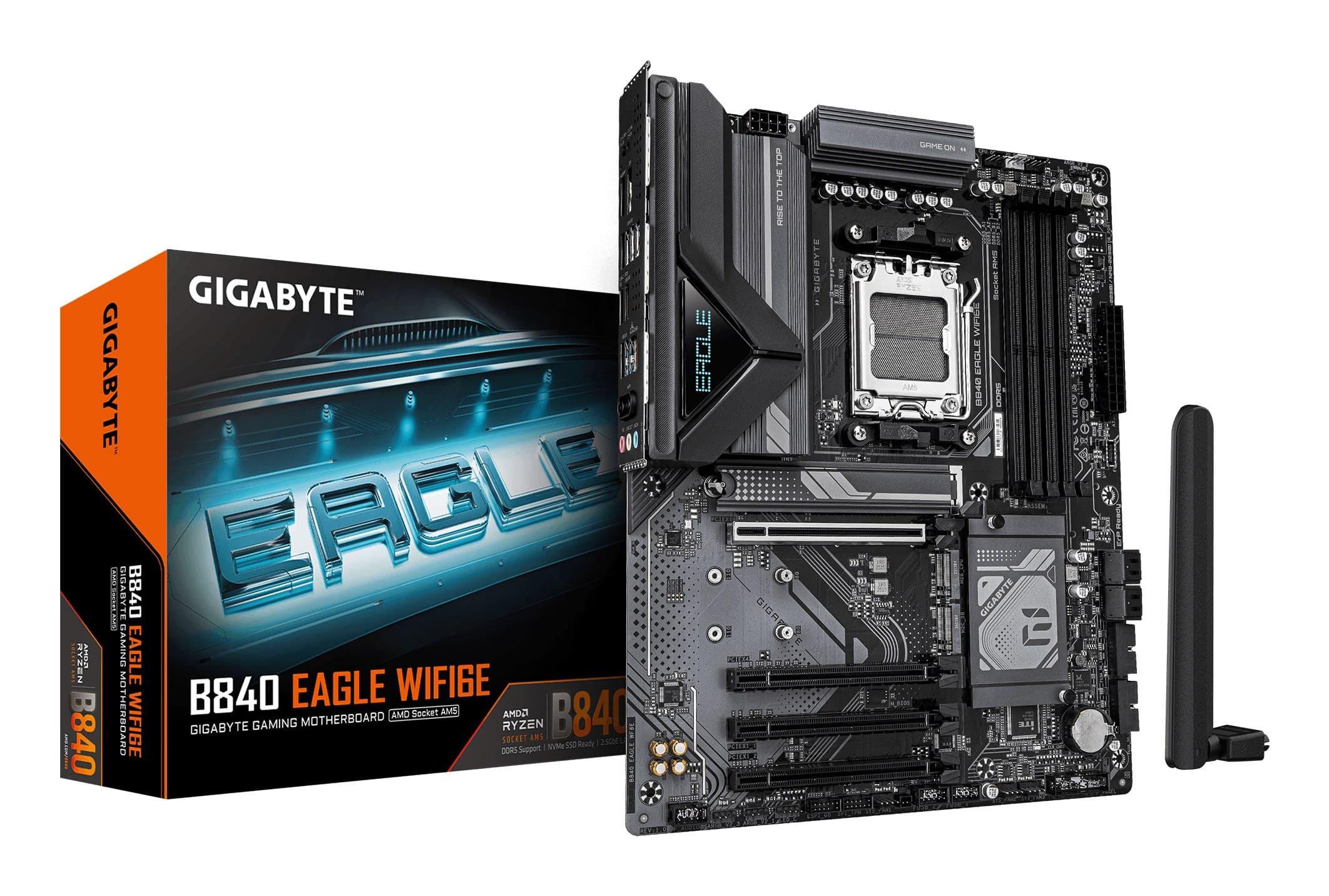 GIGABYTE B840 EAGLE WIFI6E ATX Motherboard - AMD Socket AM5, AMD Ryzen 9000/8000/7000 Series CPUs, 8+2+2 Phases VRM, up to 8200MHz DDR5(O.C), 2xPCIe 4.0 + 1xPCIe 3.0 M.2, Wi-Fi 6E, 2.5GbE LAN, USB 3.2 Gen 2