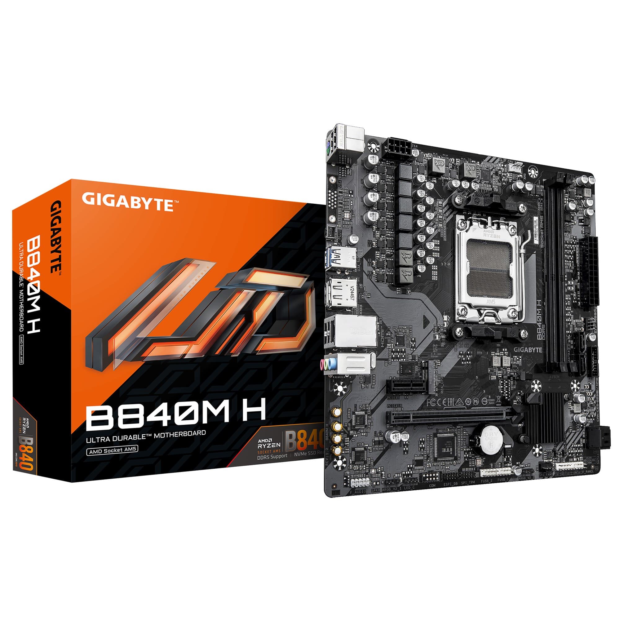 GIGABYTE B840M H AM5 Micro-ATX Motherboard - AMD B840 Chipset, AMD Ryzen 9000/8000/7000 CPUs, 5+2+2 Phases VRM, up to 7200MHz DDR5 (OC), 1xPCIe 4.0 M.2, 1GbE LAN, USB 3.2 Gen 1