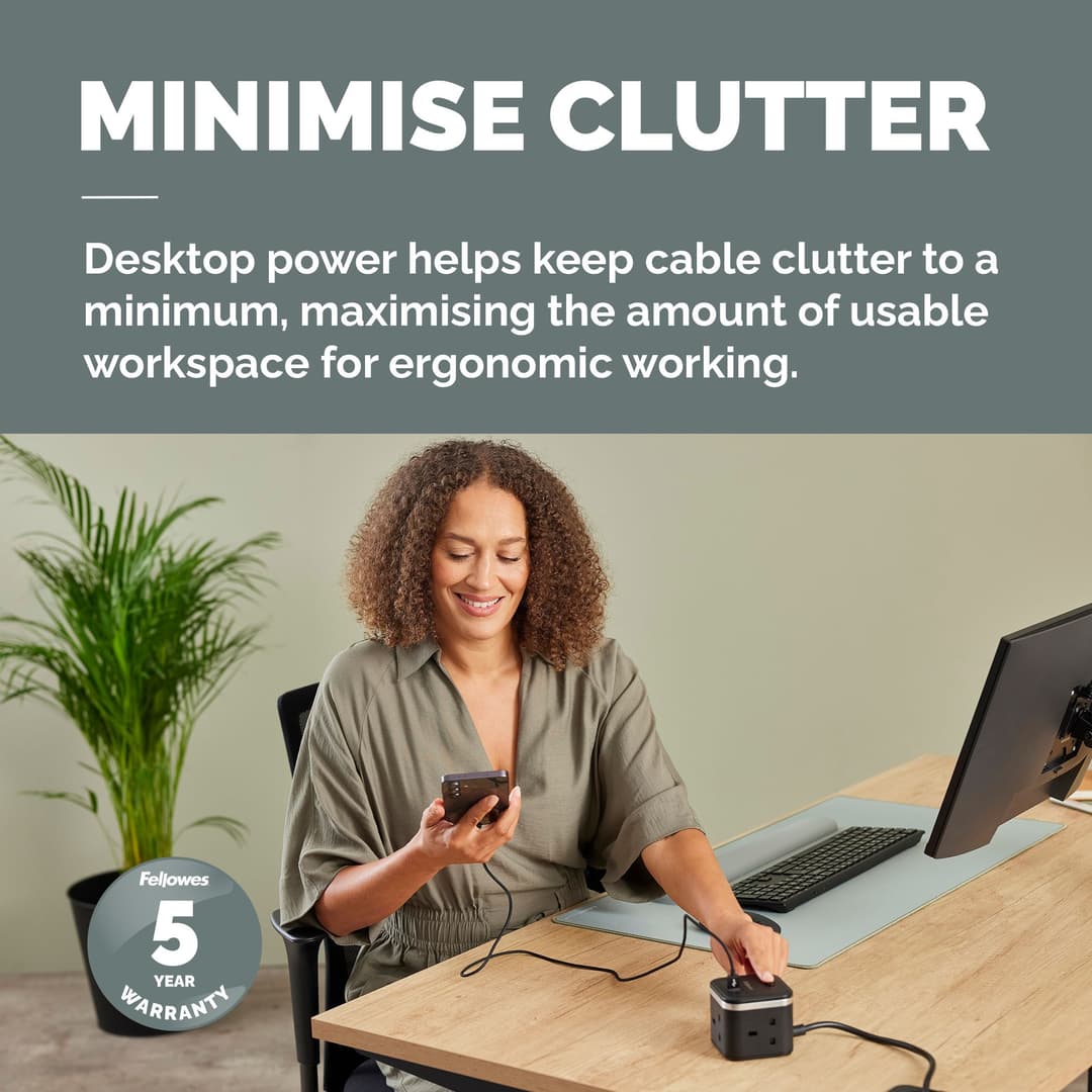 Fellowes Power Cube with 3 Power Socket Extension USB-A & USB-C Ports Black - Image 2