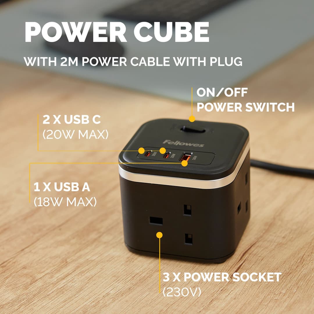 Fellowes Power Cube with 3 Power Socket Extension USB-A & USB-C Ports Black - Image 4