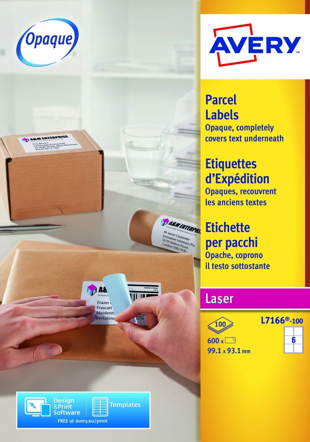 Avery L7166-100 Parcel Labels 99.1 x 93.1mm A4 Laser - 100 Sheets, 6 Labels per Sheet (600 Labels) - Image 1