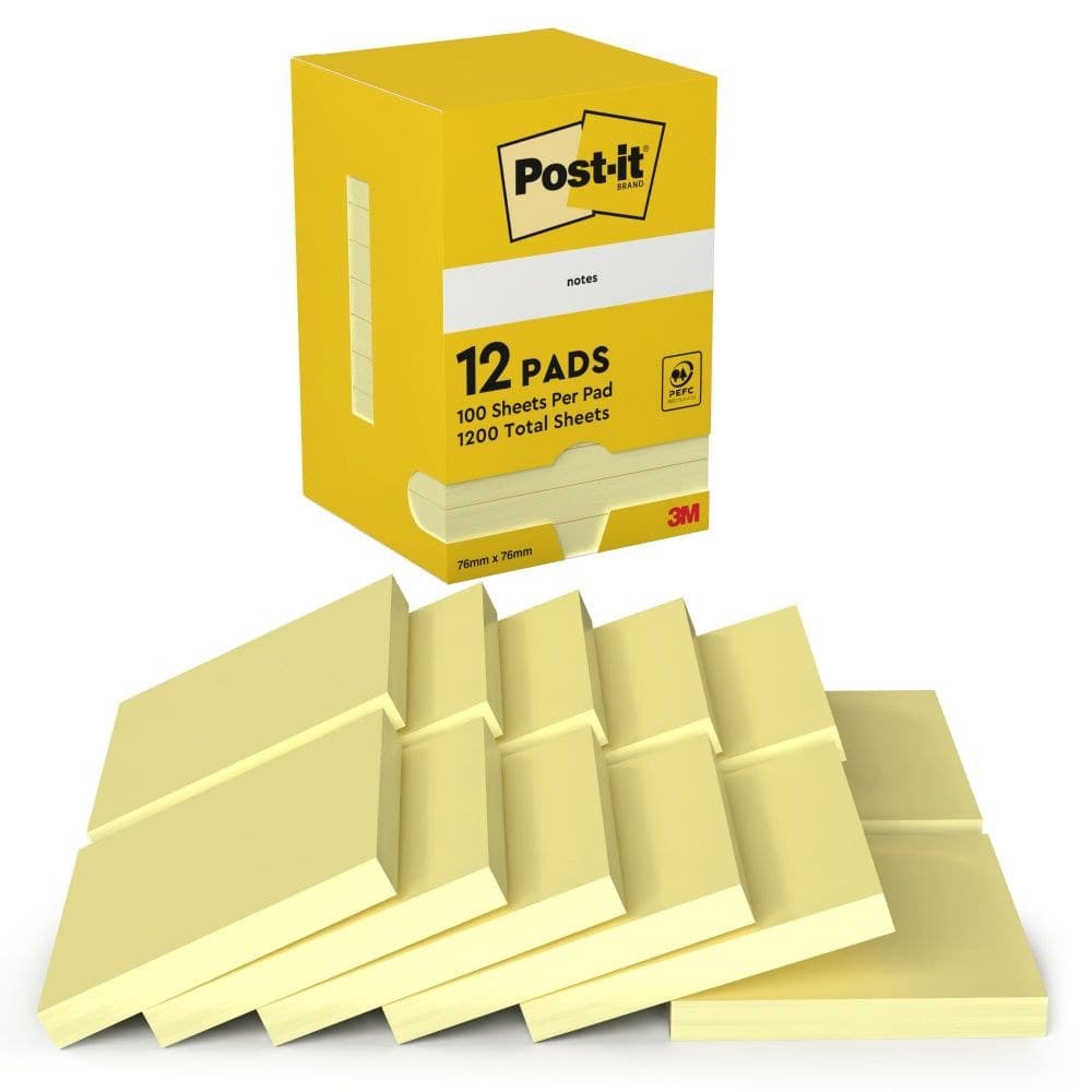 Post-it Pack of 12 Notes 76x76mm 100 Sheets Canary Yellow - Image 1
