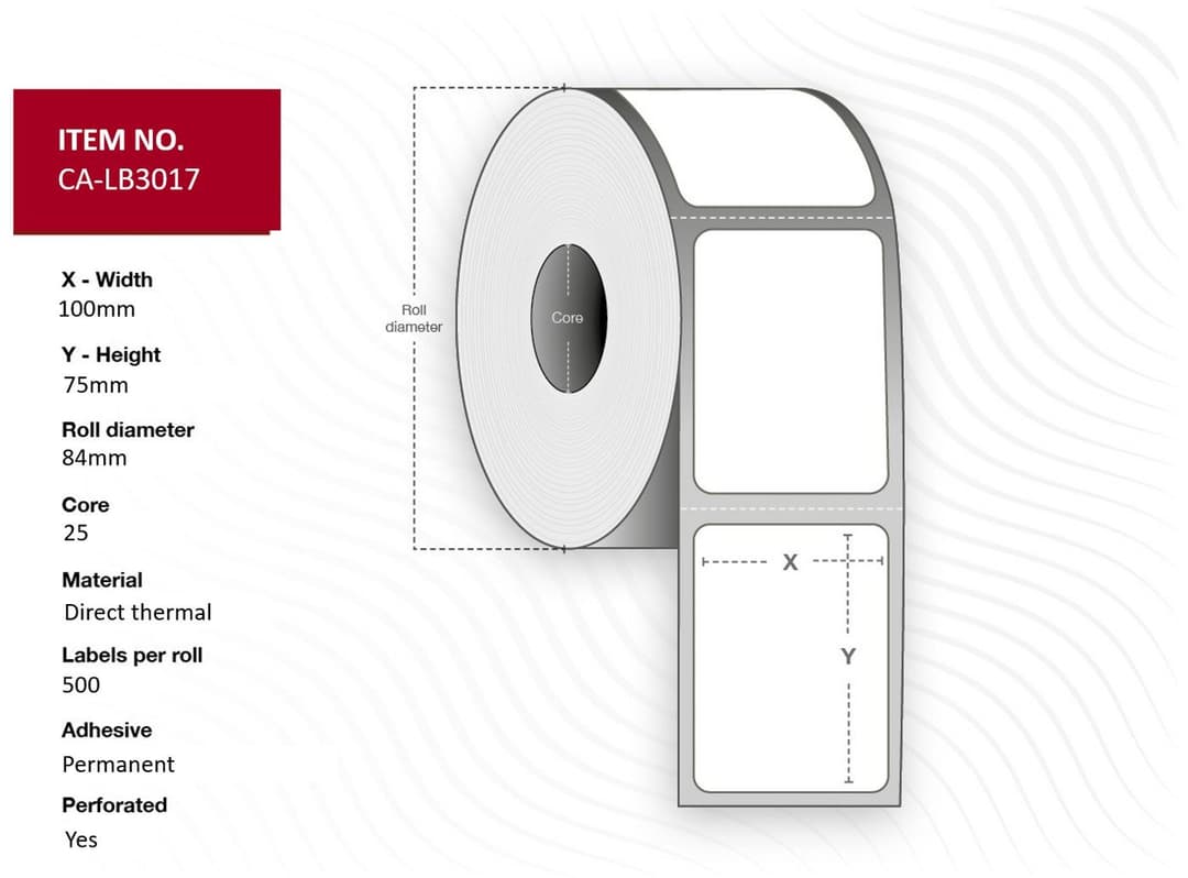 Capture CA-LB3017 Direct Thermal Label Roll 100 x 75mm, 25mm Core, Uncoated, Permanent, 500 Labels per Roll, 12 Rolls per Box - Image 1