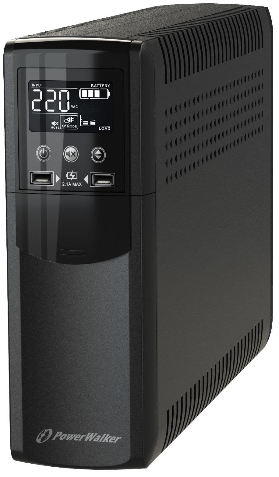 PowerWalker VI 600 CSW IEC 600VA/360W Line-Interactive Tower UPS - Pure Sine Wave, 8 x IEC C13 Outlets, LCD, 2x USB Charging