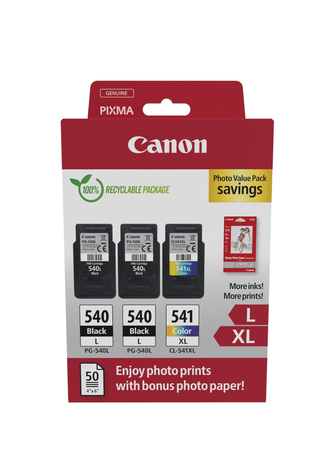 Canon PG-540L x2 / CL-541XL Photo Value Pack 5224B015 Ink Cartridge 3 pc(s) Original High Yield Black, Cyan, Magenta, Yellow + 50 Sheets 10x15cm (4x6in) GP-501 Glossy Photo Paper - Image 1