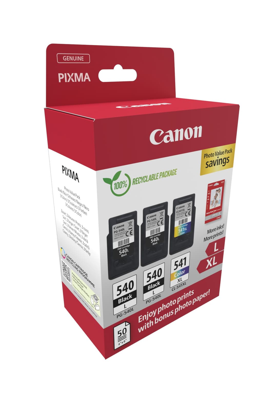 Canon PG-540L x2 / CL-541XL Photo Value Pack 5224B015 Ink Cartridge 3 pc(s) Original High Yield Black, Cyan, Magenta, Yellow + 50 Sheets 10x15cm (4x6in) GP-501 Glossy Photo Paper - Image 2