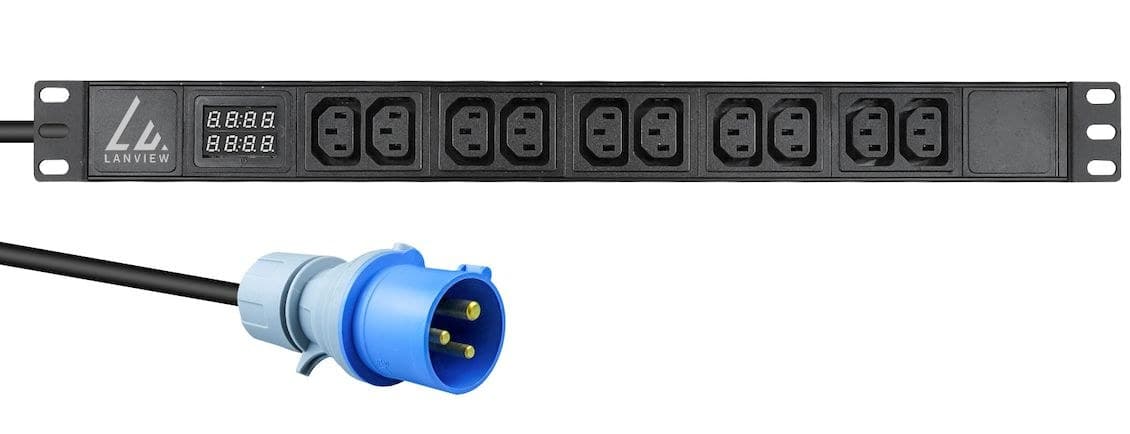 Lanview 19-inch Rack Mount Power Strip with Amp Meter, 3 m Cord and IEC 60309 16A Plug