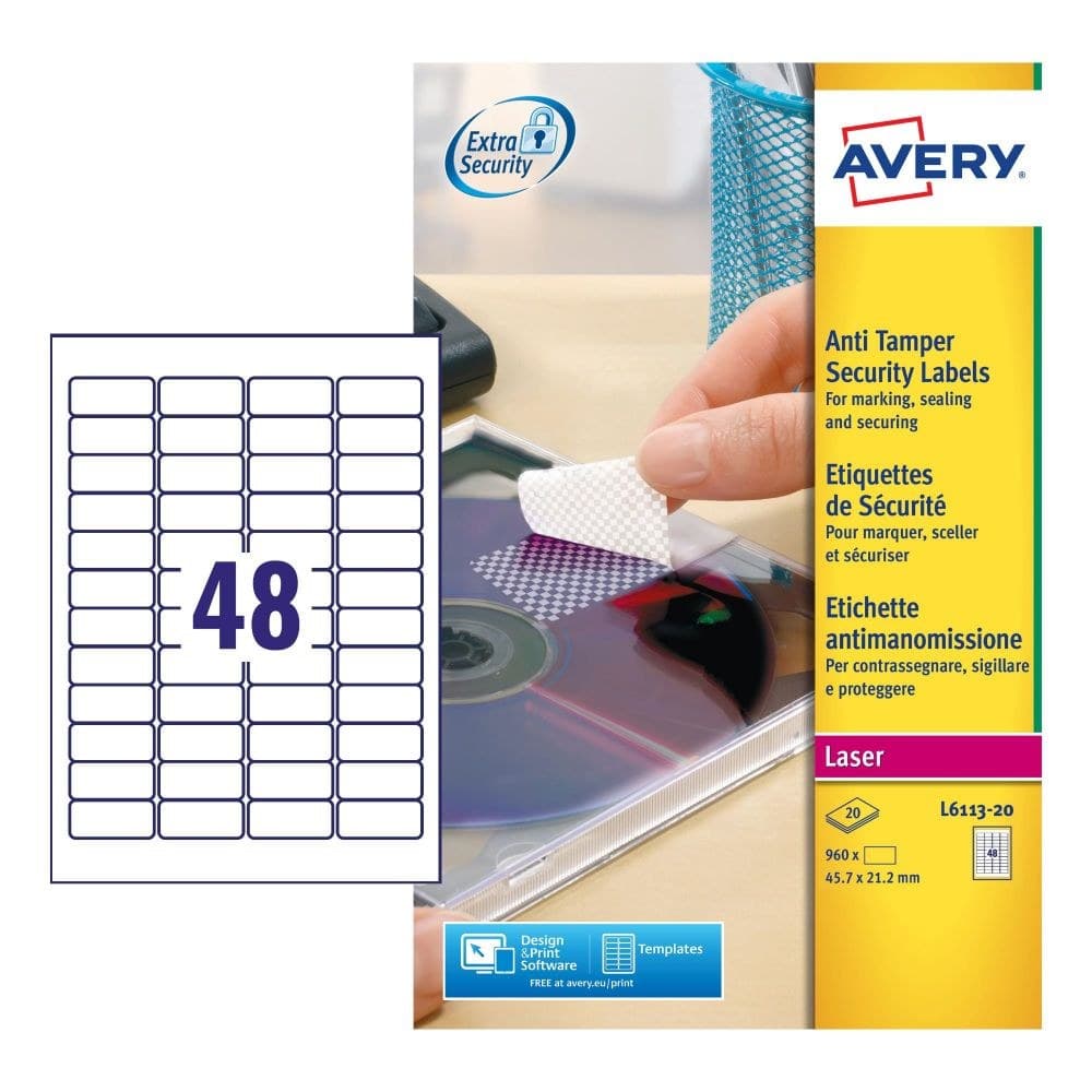 Avery L6113-20 Anti-Tamper Labels 20 sheets - 48 Labels per Sheet - Image 1